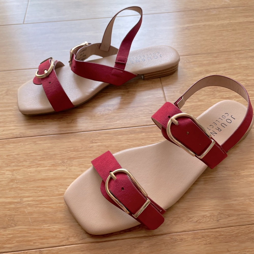 Journey Collection Twylah Red Cherry Flat Buckle Sandal 6 6W